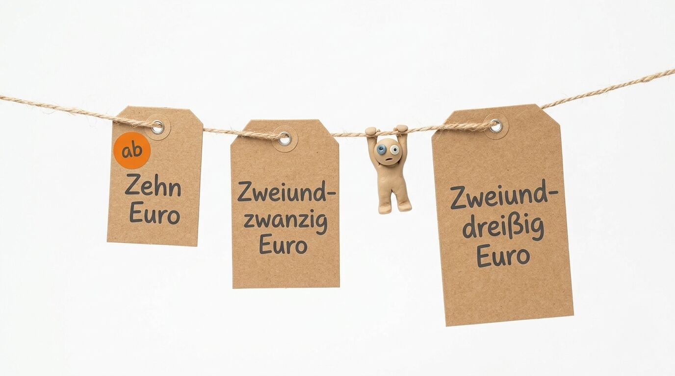 Preisschilder aus Packpapier und eine kleine Knetfigur hängen an einer Schnur