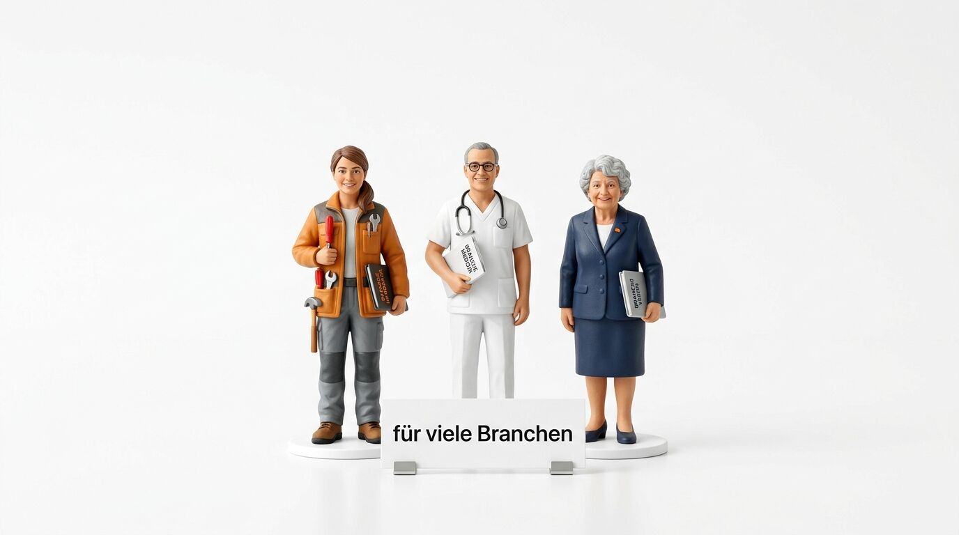 Drei Berufsfiguren neben Schild „für viele Branchen“ vor weißem Hintergrund