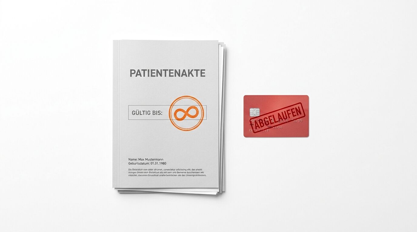 Patientenakte, gültig bis unendlich, neben abgelaufener Krankenkassenkarte