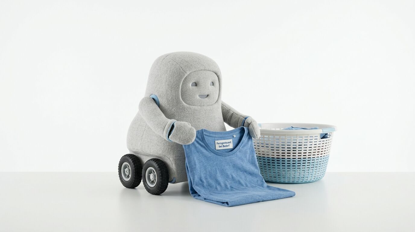 Grauer Plüschroboter auf Rädern faltet blaues T-Shirt neben Wäschekorb vor weißem Hintergrund