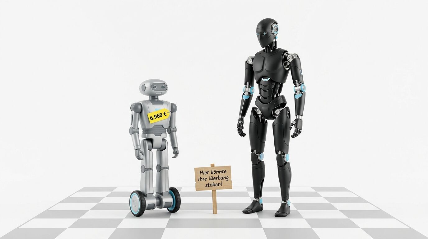 Zwei Roboter und ein Werbeschild stehen auf einem Schachbrettmuster vor weißem Hintergrund