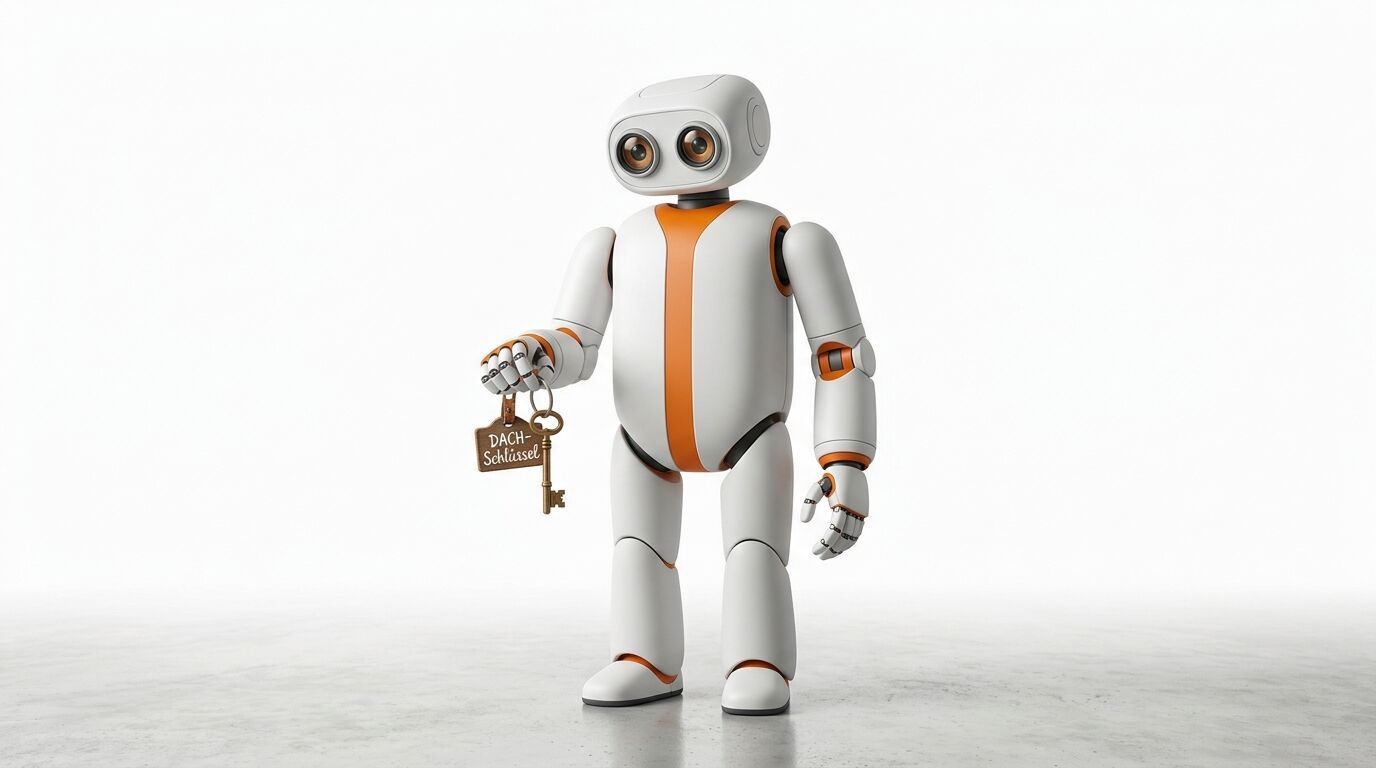 Ein weiß-oranger Roboter hält einen Schlüssel mit einem „DACH-Schlüssel“-Anhänger