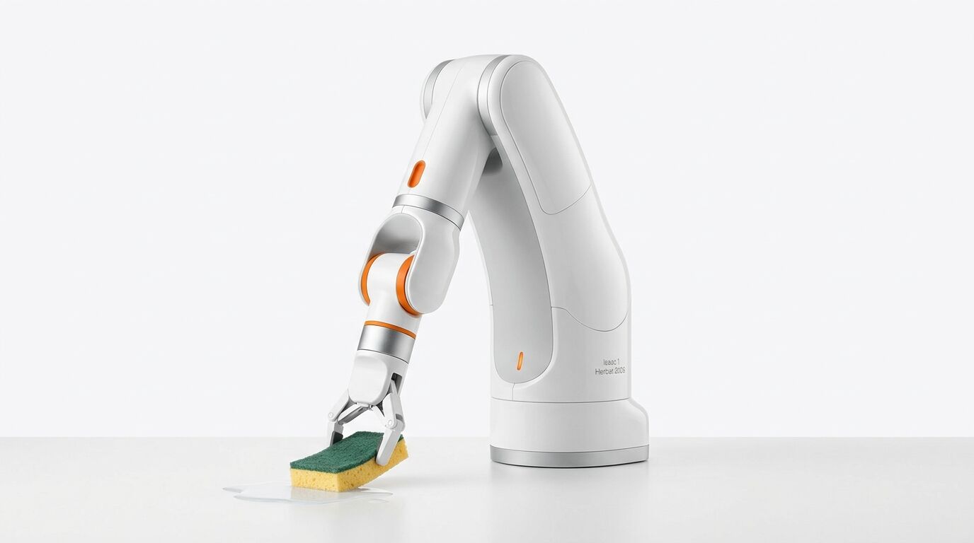 Ein weißer Roboterarm wischt mit einem gelb-grünen Schwamm eine nasse Fläche auf