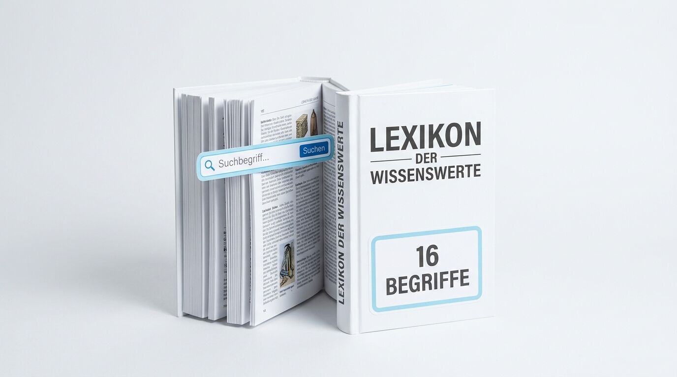 Geöffnetes Buch, digitaler Suchbalken, Cover mit Text „16 BEGRIFFE“, weißer Hintergrund