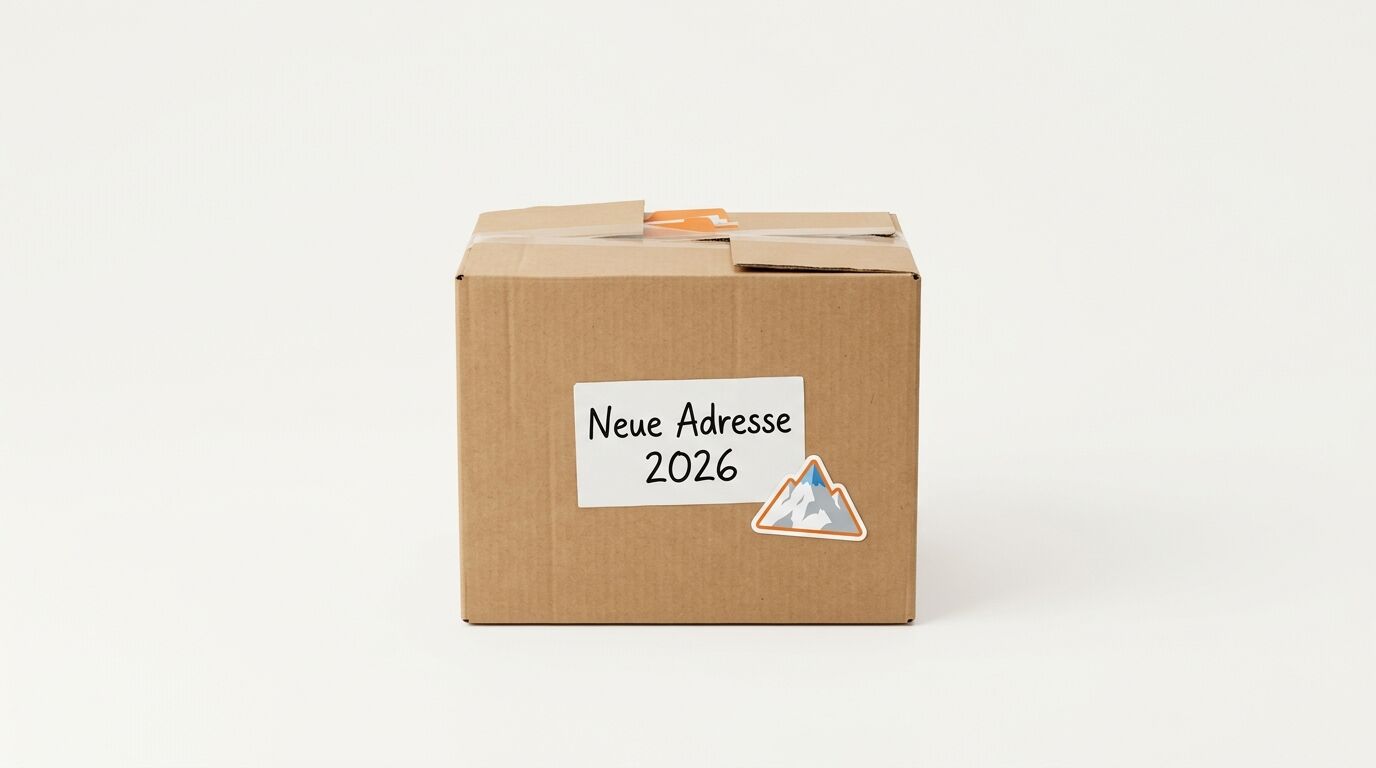 Ein brauner Karton mit einem Aufkleber „Neue Adresse 2026“ und Bergsticker vor weißem Hintergrund