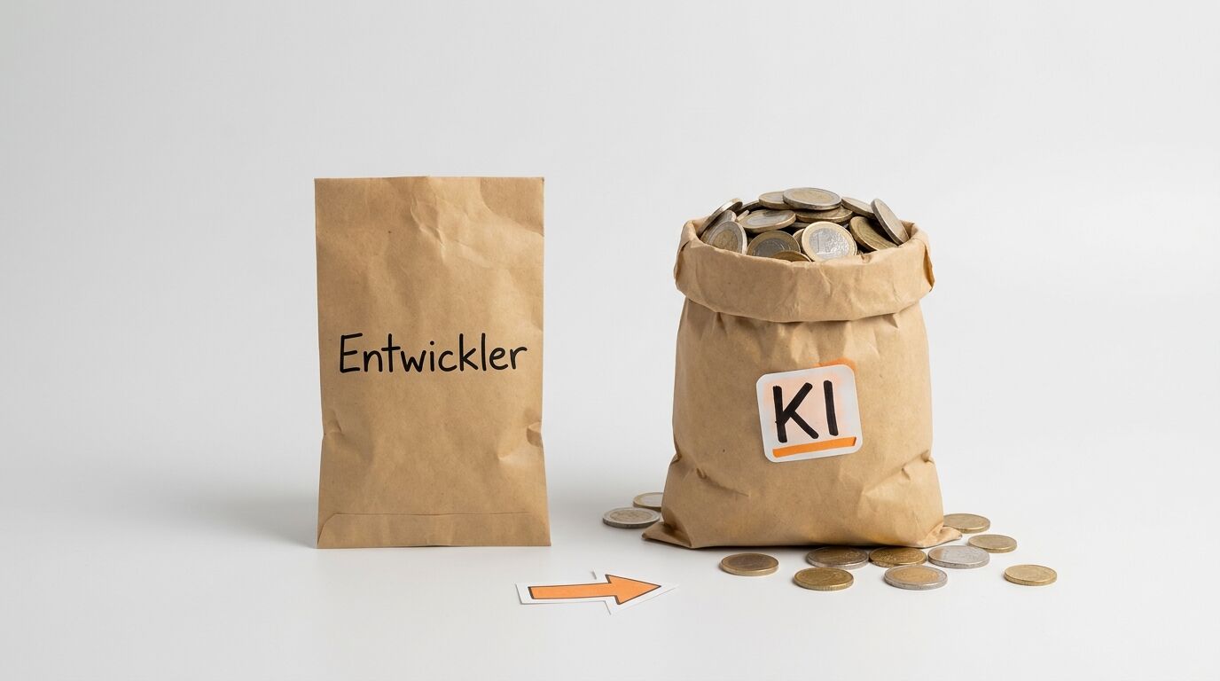 Vergleich: Leere Papiertüte (Entwickler) und volle Münztüte (KI). Ein Pfeil zeigt nach rechts