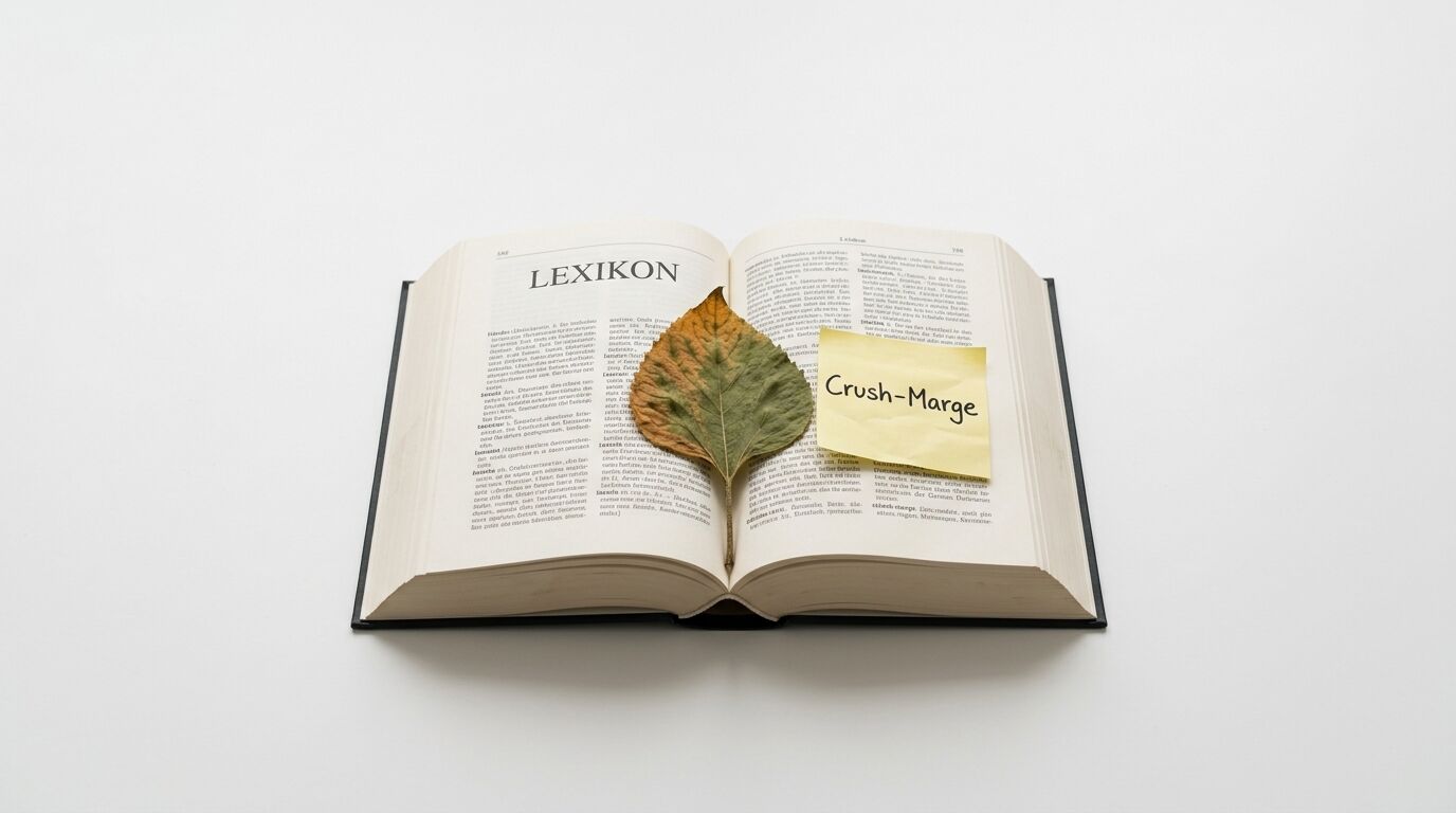 Aufgeschlagenes Lexikon, ein herbstliches Blatt in der Mitte, daneben eine Notiz mit „Crush-Marge“
