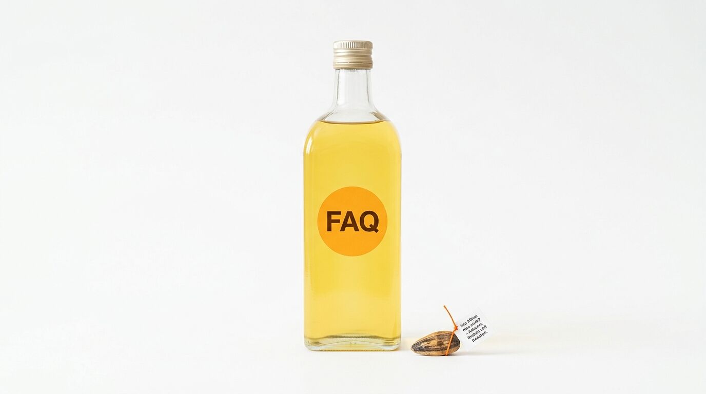 Flasche mit gelbem Öl, FAQ-Aufkleber, daneben Mandel und Zettel auf weißem Hintergrund