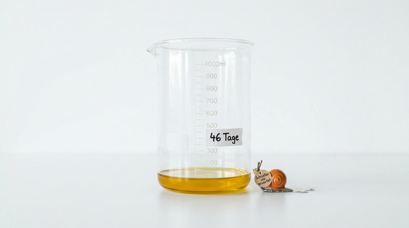Ein Becherglas mit gelber Flüssigkeit und die Aufschrift „46 Tage“. Rechts daneben ist eine Schnecke mit einem Anhänger mit der Aufschrift „Schneller als erwartet“