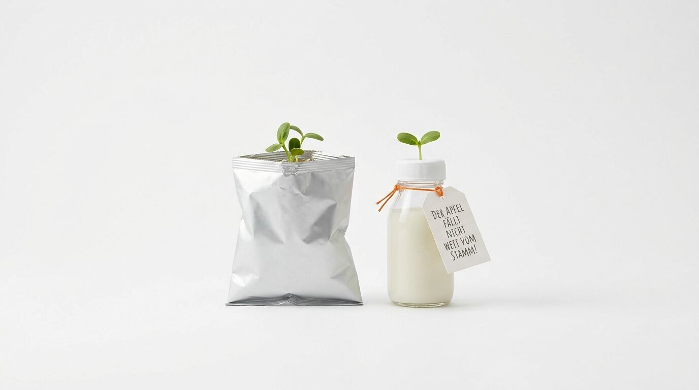 Eine Keimpflanze in einer Tüte und Milch in einer Flasche mit einem Schild, auf weißem Hintergrund