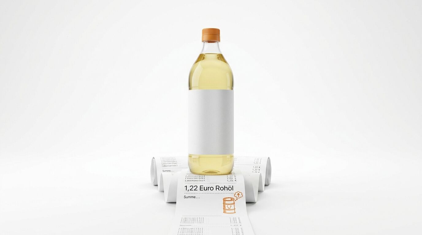 Flasche mit gelber Flüssigkeit auf Kassenbon, „1,22 Euro Rohöl“ sichtbar