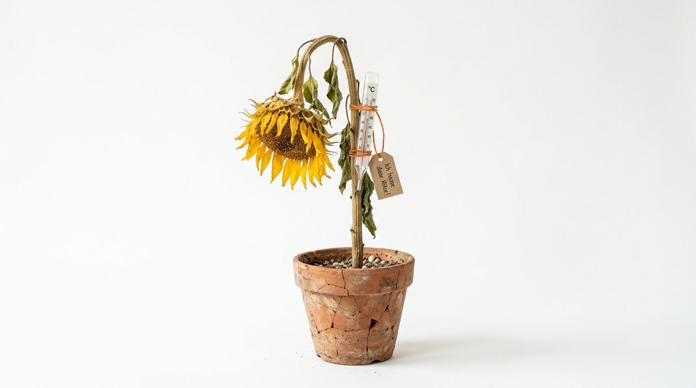 Verwelkte Sonnenblume im rissigen Tontopf mit Thermometer und Anhänger: „Ich hasse diese Hitze!“