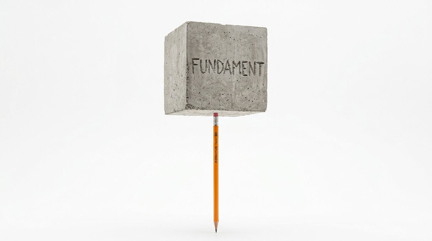 Ein Betoncubus mit dem eingravierten Wort „FUNDAMENT“ balanciert auf der Spitze eines Bleistifts