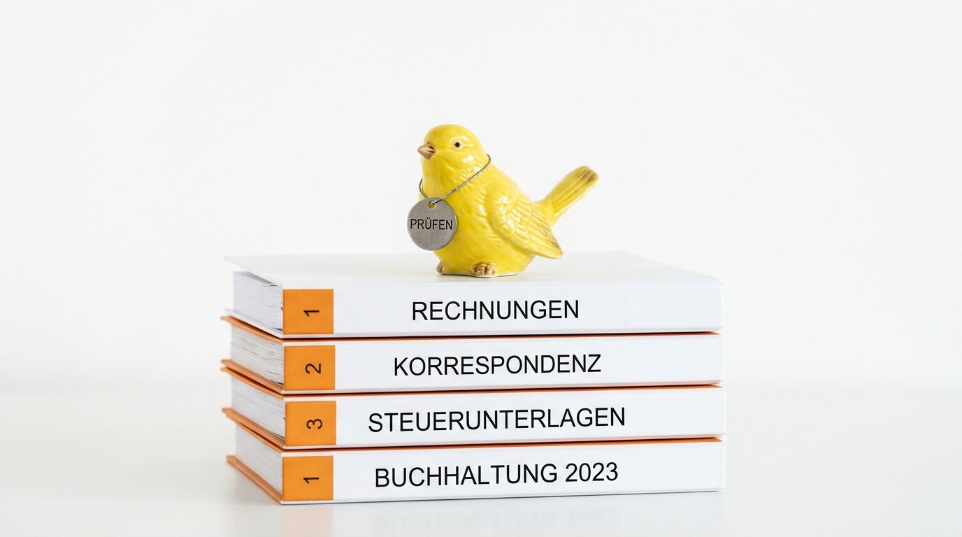 Ein gelber Keramikvogel mit PRÜFEN-Plakette steht auf einem Stapel Ordner für Rechnungen