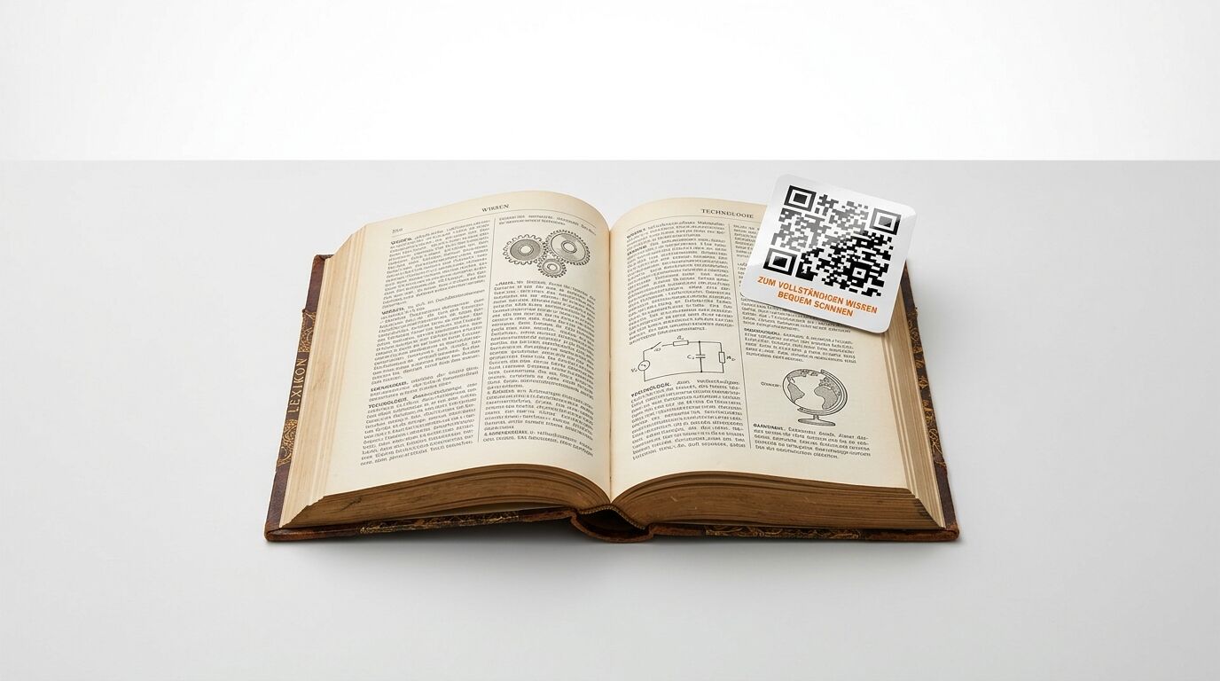 Geöffnetes Lexikon mit technischen Zeichnungen und QR-Code-Karte auf der rechten Seite