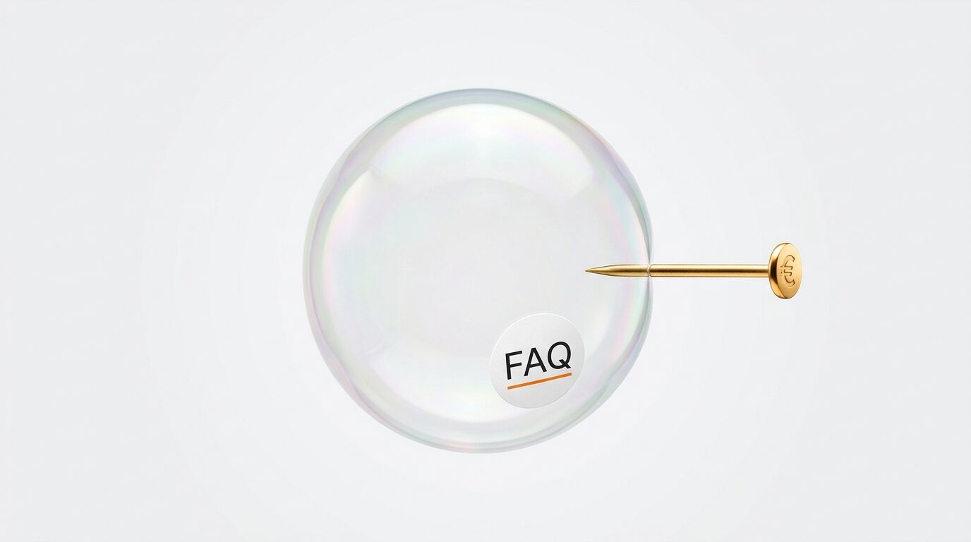 Seifenblase mit FAQ-Aufkleber und goldener Nadel mit Euro-Zeichen auf grauem Grund