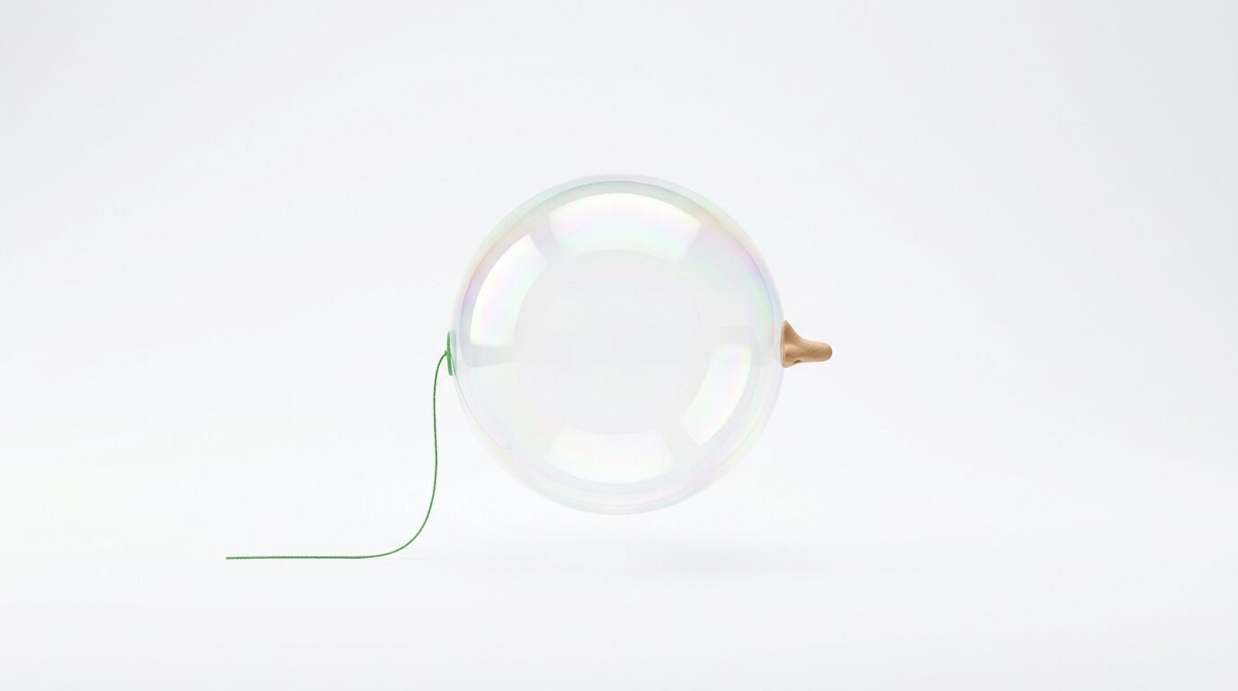 Eine Seifenblase schwebt vor weißem Grund, links eine grüne Schnur, rechts eine Nase