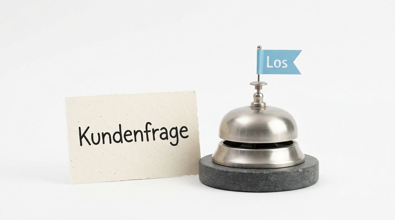 Rezeptionsglocke mit blauer Fahne „Los“ neben Kärtchen mit Aufschrift „Kundenfrage“ auf weiß