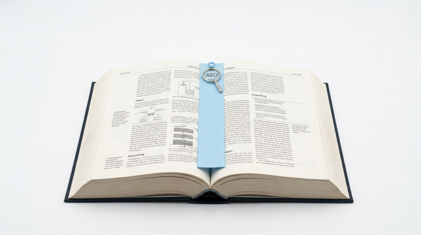 Ein offenes Buch, Seite 418, 419, mit einem hellblauen Lesezeichen, das ein AEO-Logo enthält