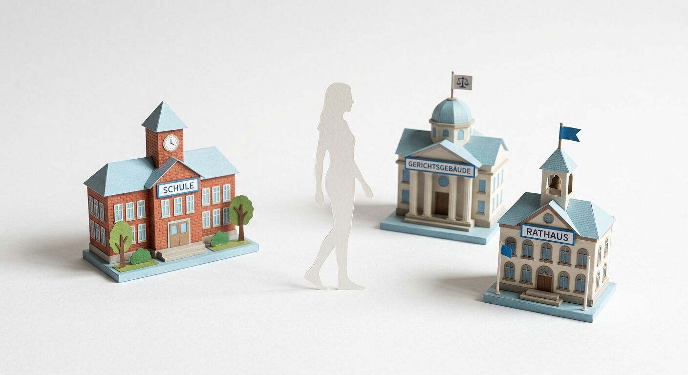 Papiermodelle von Schule, Gerichtsgebäude und Rathaus mit einer Frauensilhouette in der Mitte