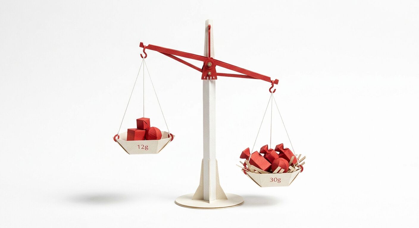 Papier-Balkenwaage mit 12g links und 30g rechts auf weißem Grund