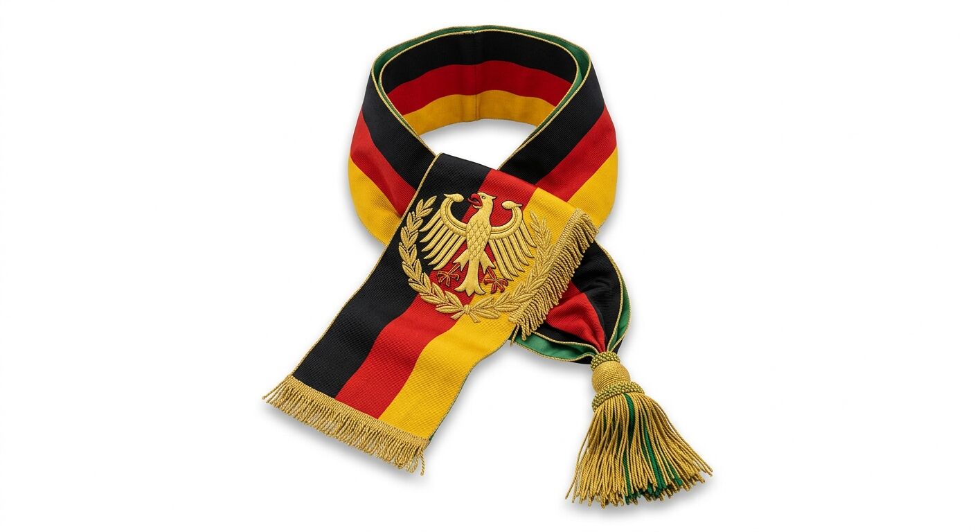 Eine gefaltete schwarz-rot-goldene Schärpe mit Bundesadler und Fransen auf Weiß