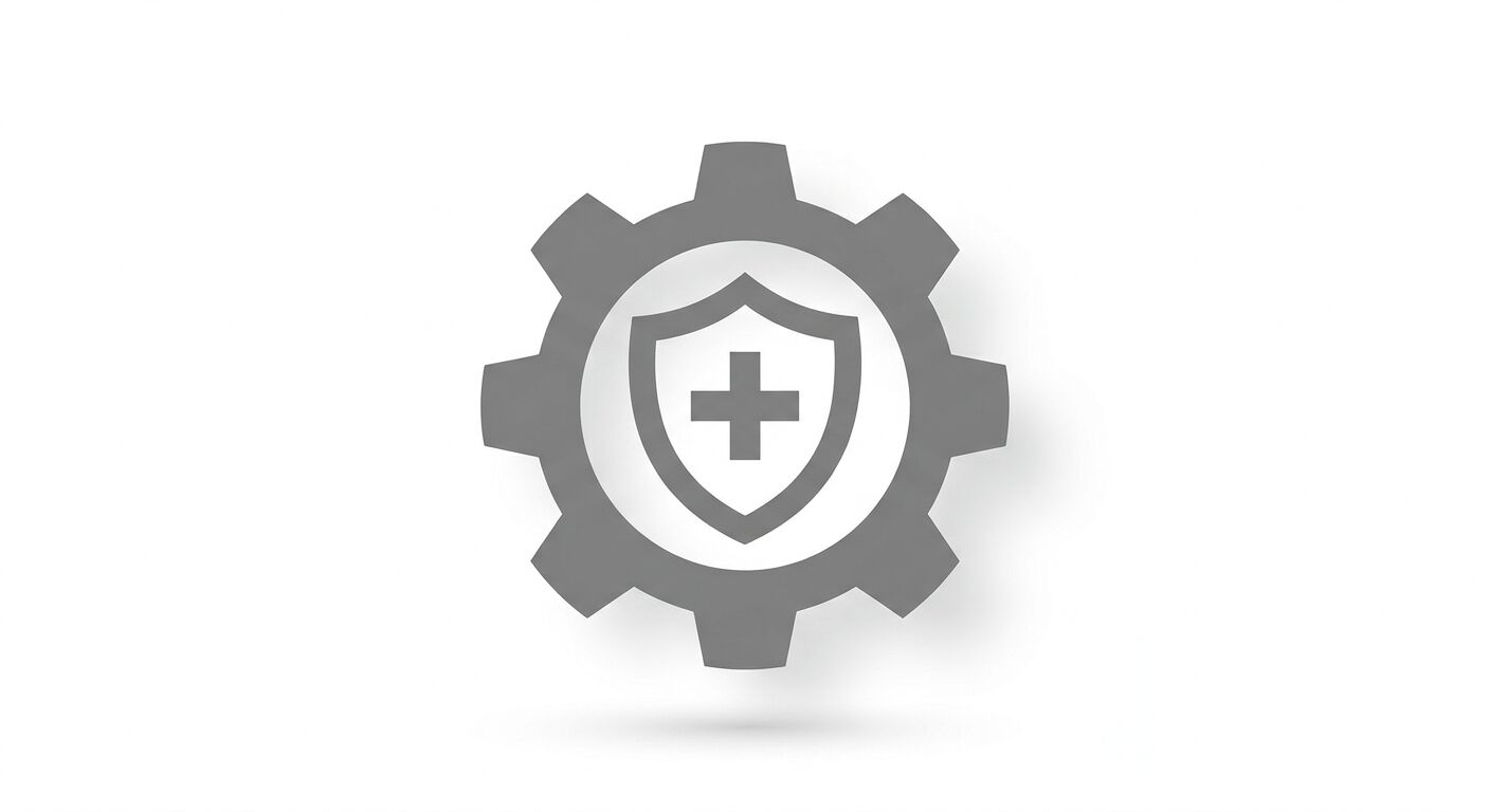 Graues Zahnrad-Icon mit Schutzschild und Kreuz auf weißem Hintergrund mit Schatten
