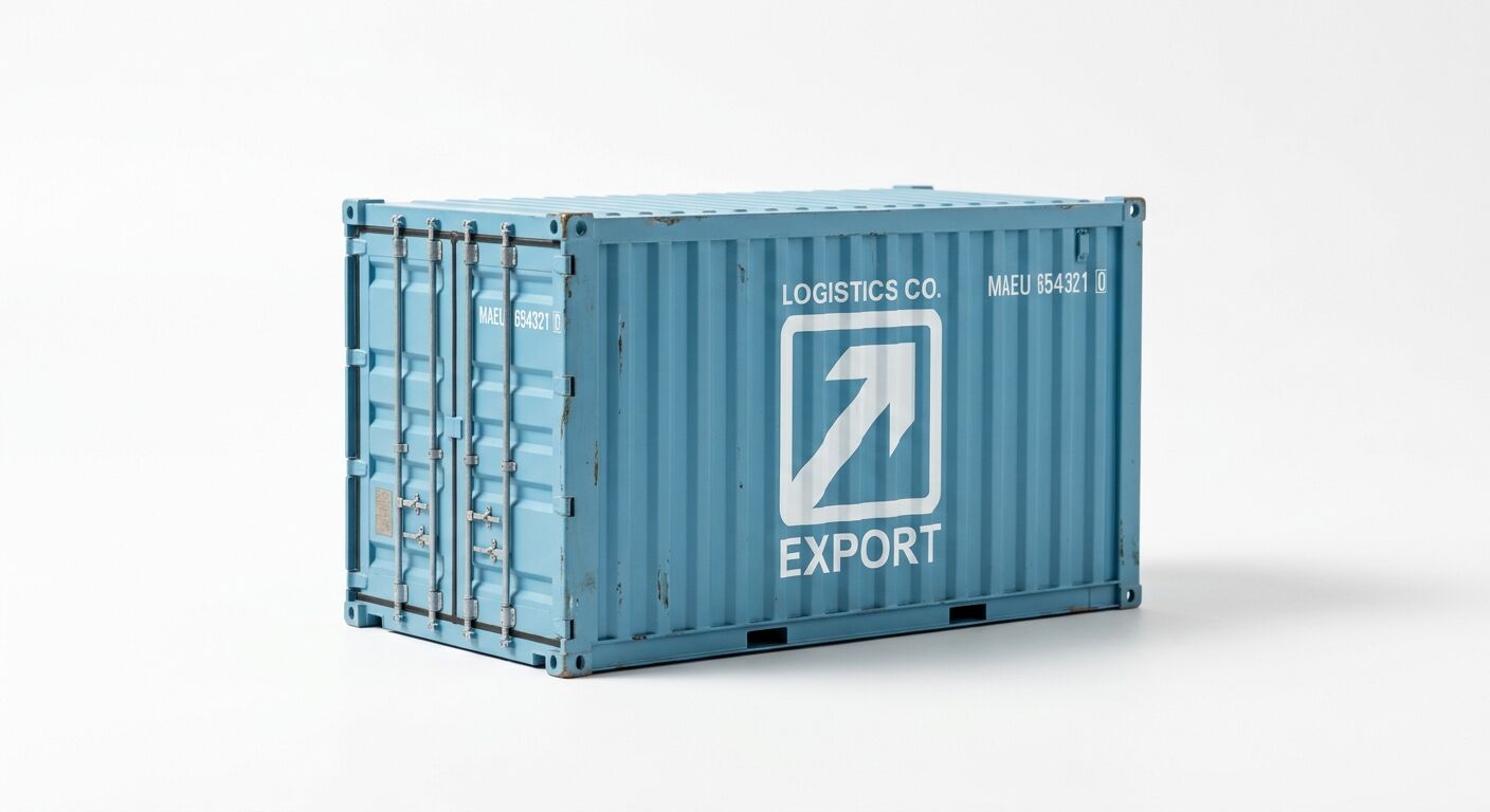 Ein hellblauer Schiffscontainer mit Aufschrift und Logo steht auf weißem Grund