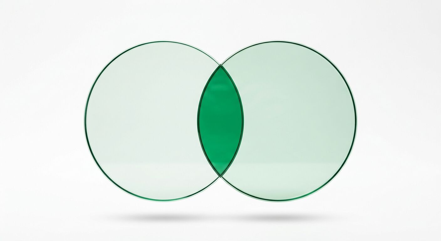 Zwei überlappende, hellgrüne Glasscheiben bilden ein Venn-Diagramm auf weißem Grund
