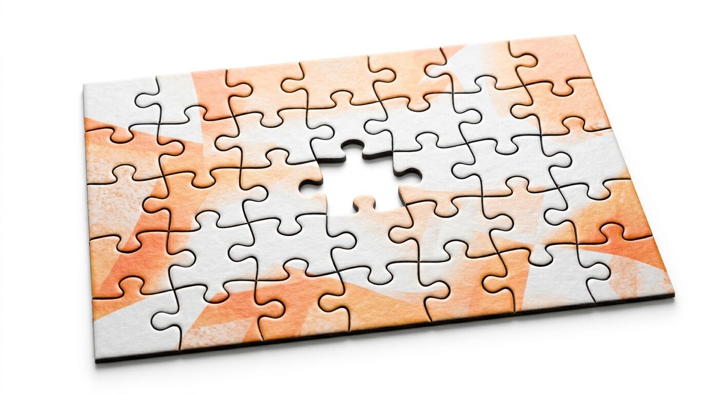 Ein unvollständiges Puzzle mit orangefarbenen und weißen Mustern auf weißem Grund