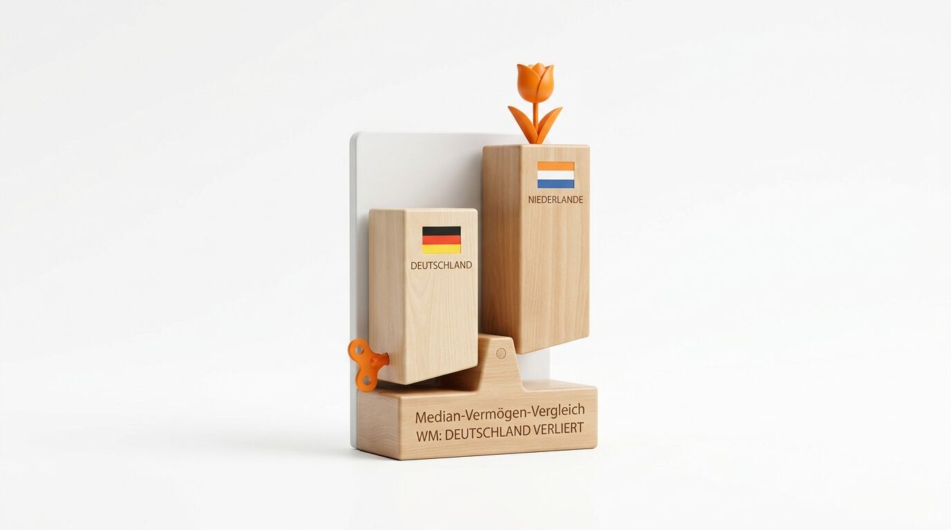 Holzwaage mit Flaggen, Tulpe und Text zum Median-Vermögen-Vergleich vor weißem Hintergrund