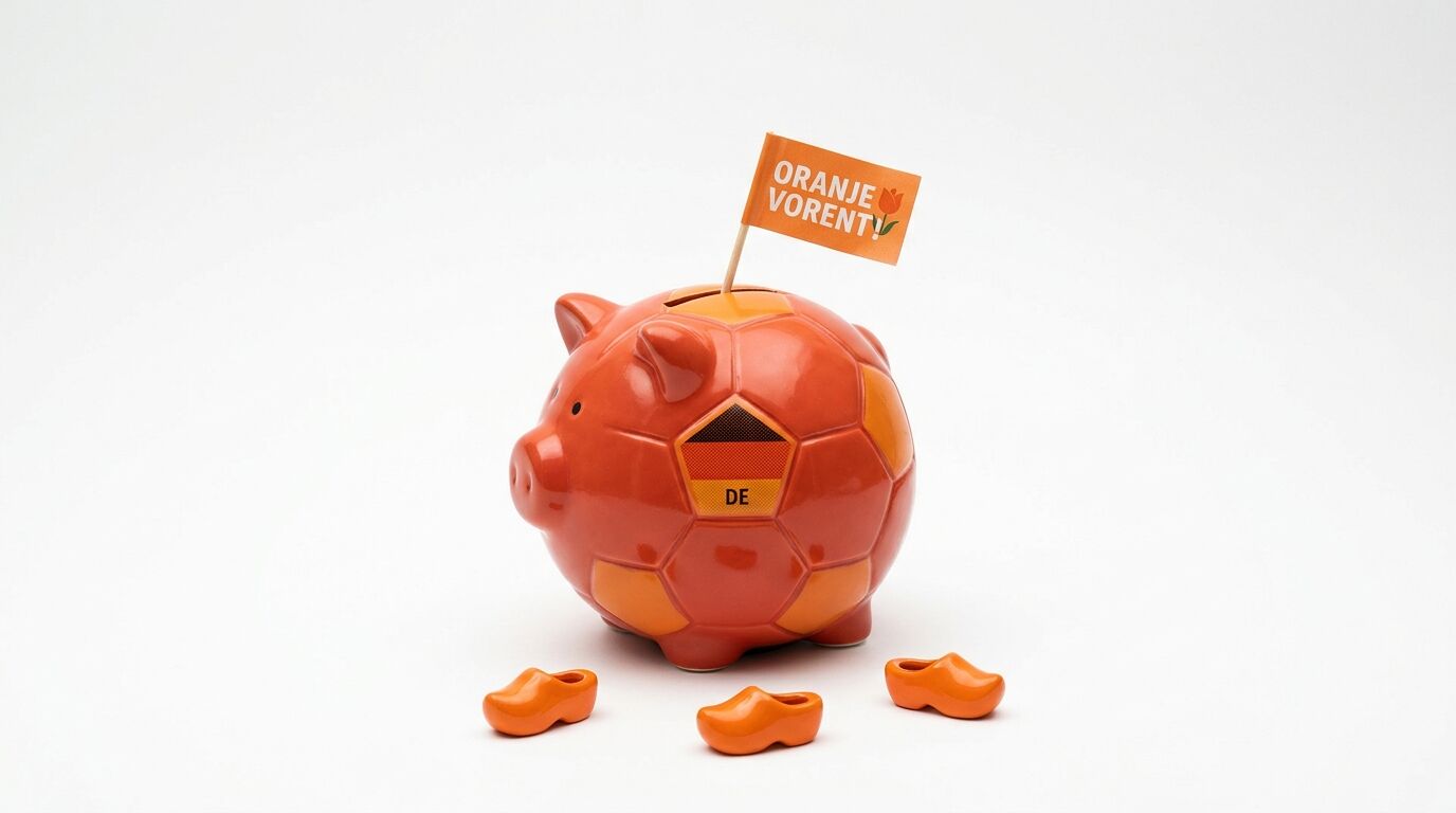 Oranges Sparschwein im Fußball-Design mit DE-Fahne und „Oranje Vorent!“-Fähnchen und 3 Klompen