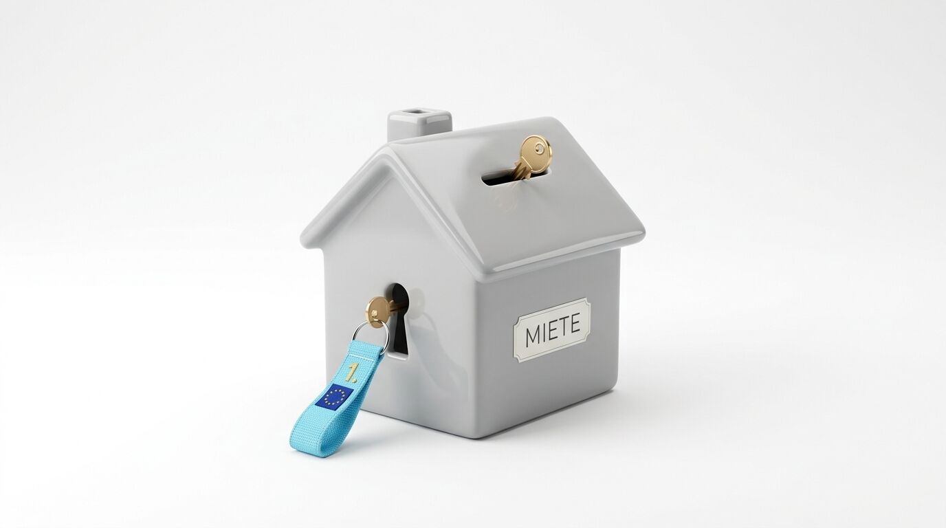 Graues Haus-Sparschwein mit Schlüsseln, EU-Band und Schild „MIETE“ vor weißem Hintergrund