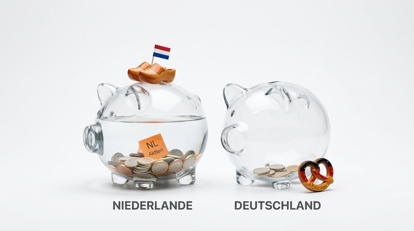 Zwei Glassparschweine: Links NL mit Aktien und Holzschuhen, rechts D mit wenig Geld und Brezel