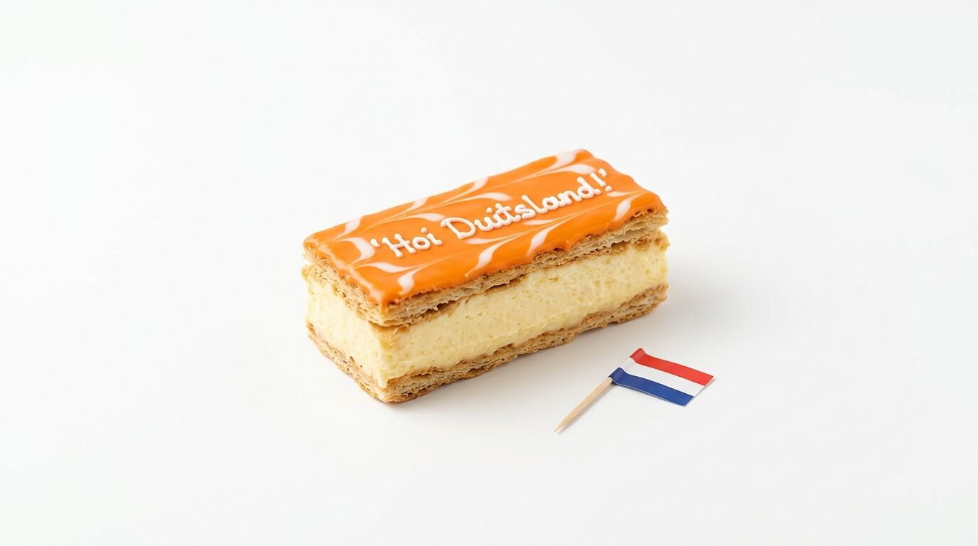 Ein Tompoes mit orangem Guss, Aufschrift „Hoi Duitsland!“ und kleiner niederländischer Flagge