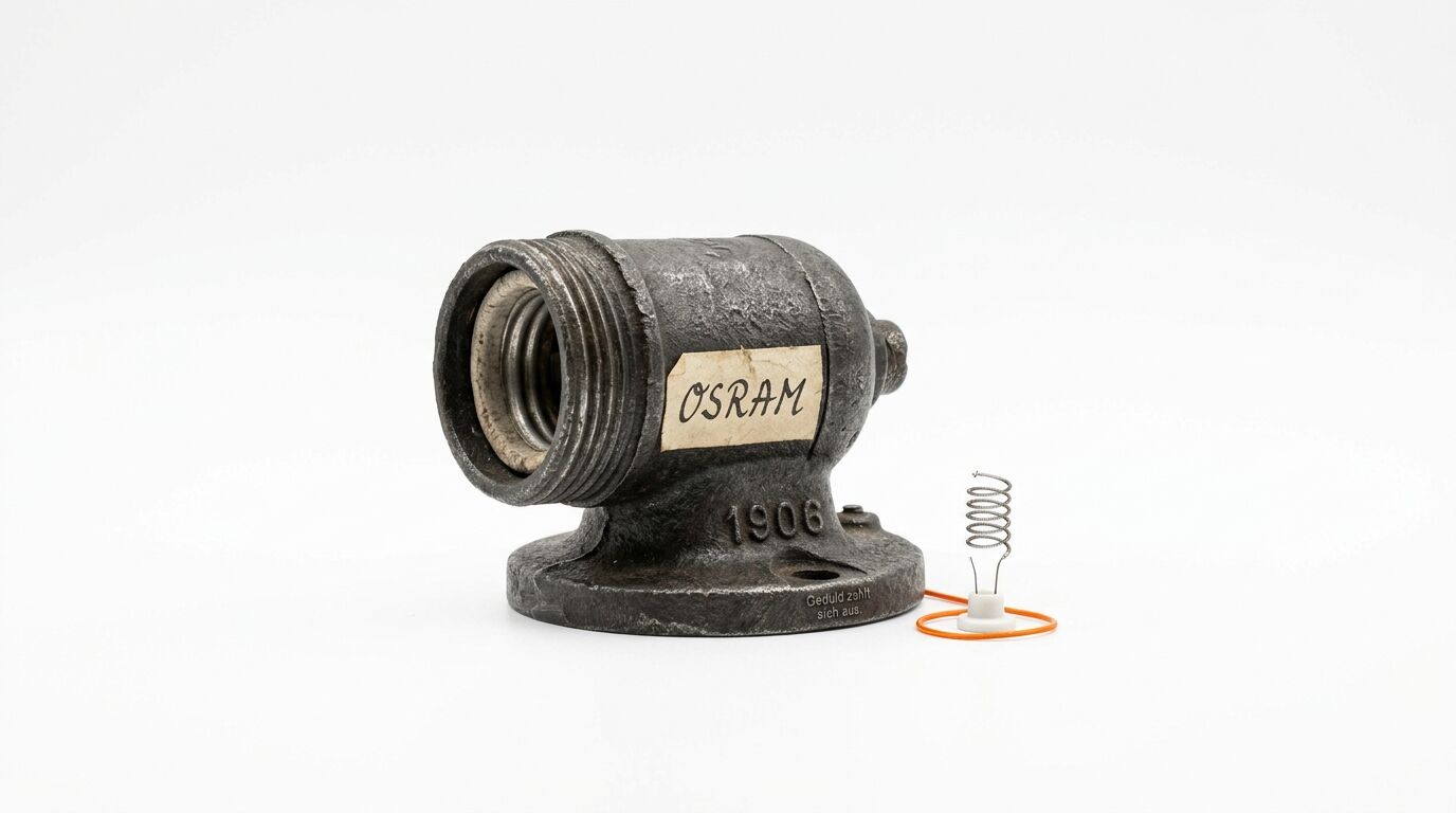OSRAM-Glühlampenfassung von 1906, Grauguss, mit Glühfadenmodell daneben vor weißem Hintergrund