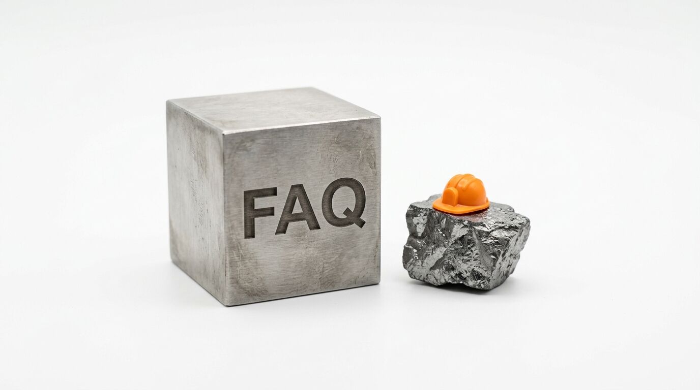 Metallwürfel mit „FAQ“-Prägung, daneben Erzbrocken mit kleinem orangefarbenem Helm, vor weiß