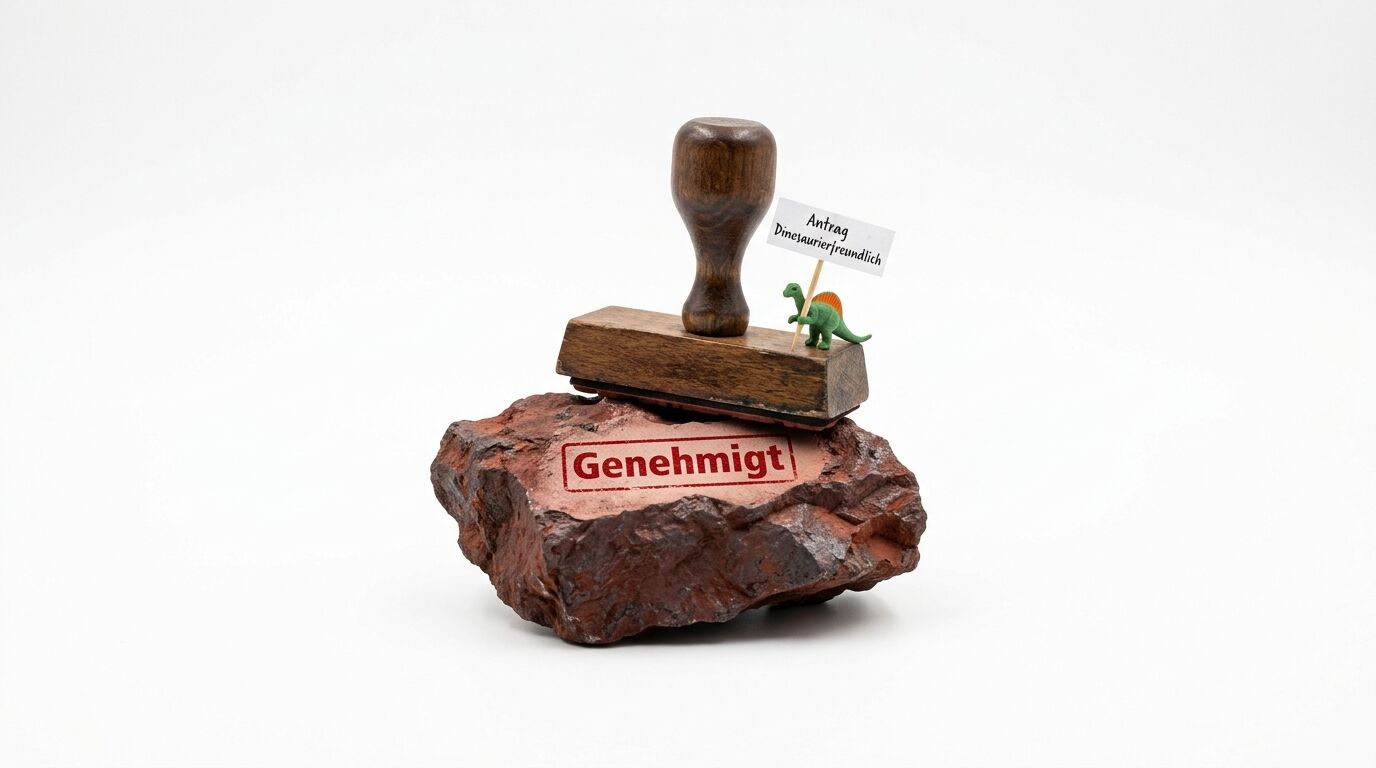 Ein Holzstempel auf einem Fels mit „Genehmigt“-Aufdruck und kleinem Dino mit Schild