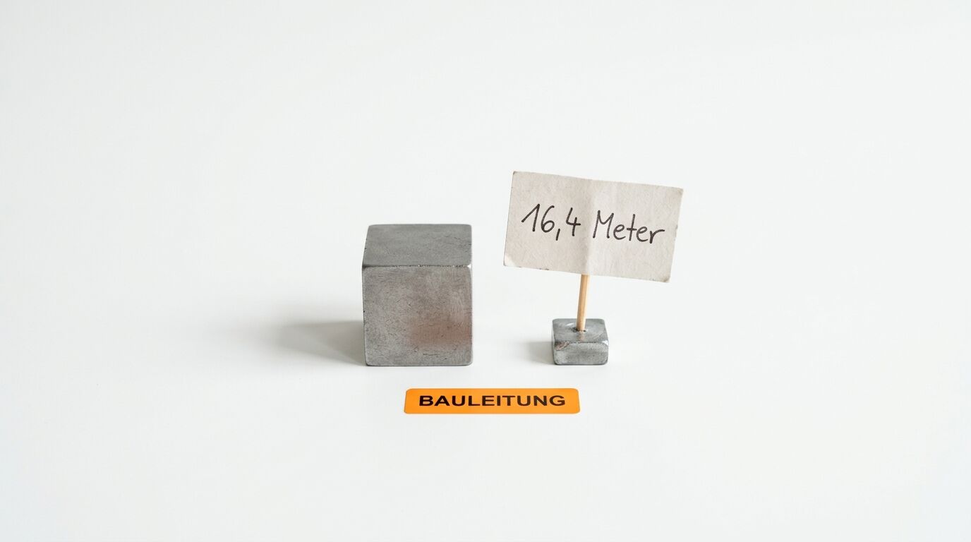 Metallwürfel, Schild mit Aufschrift „16,4 Meter“ und oranges Etikett „BAULEITUNG“ auf weißem Grund