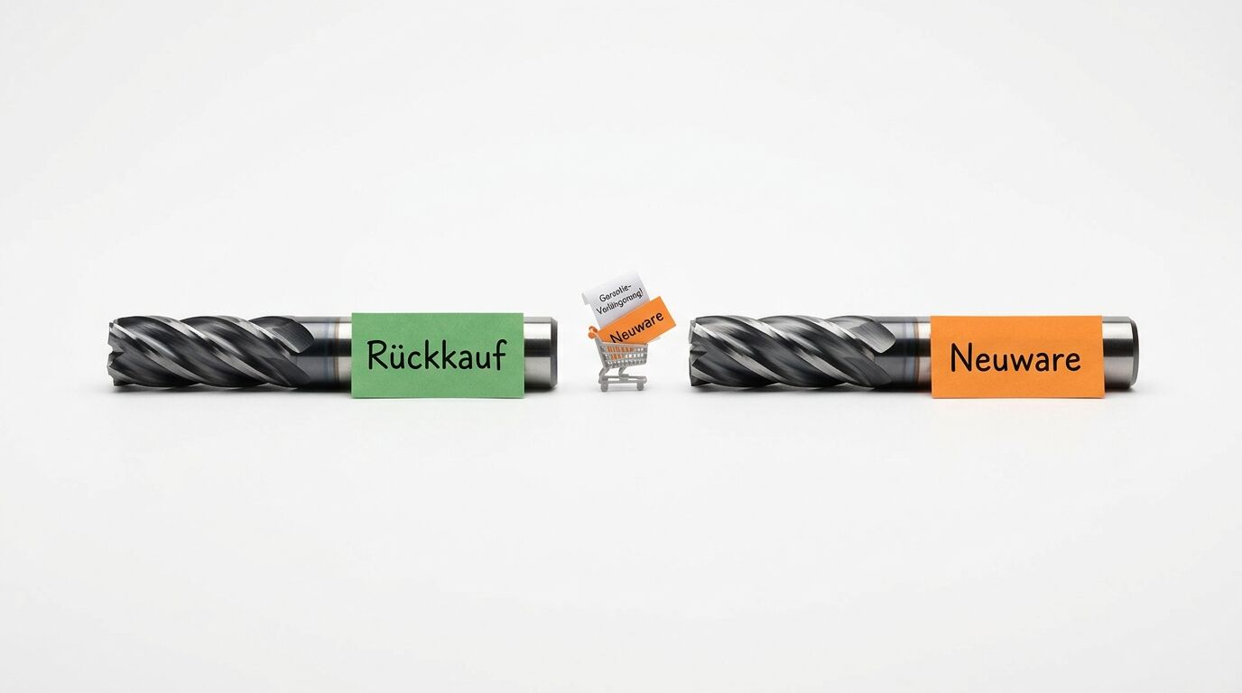 Zwei Fräser mit „Rückkauf“ (grün) und „Neuware“ (orange) markiert, Einkaufswagen dazwischen