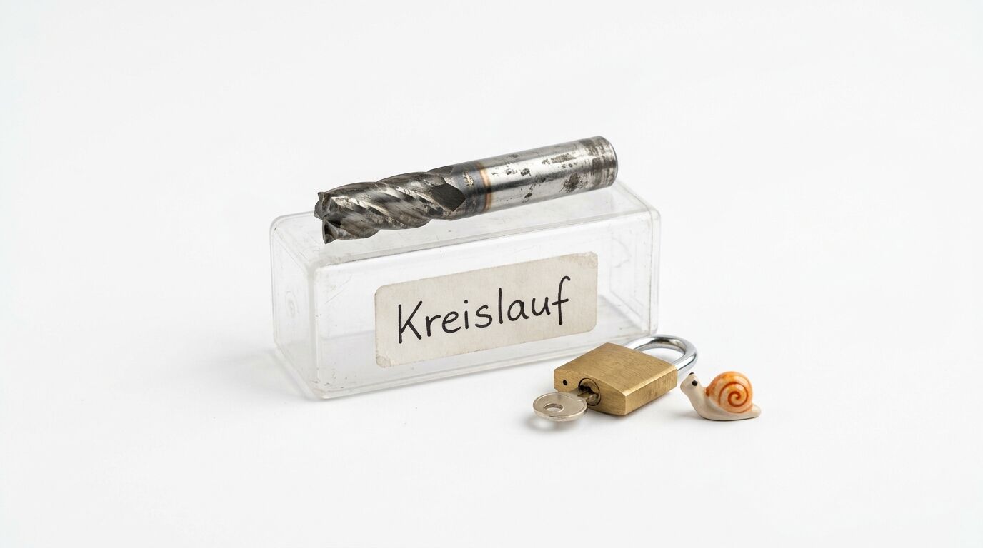 Fräser auf Schachtel mit Aufschrift „Kreislauf“, daneben Vorhängeschloss mit Schlüssel und Schnecke