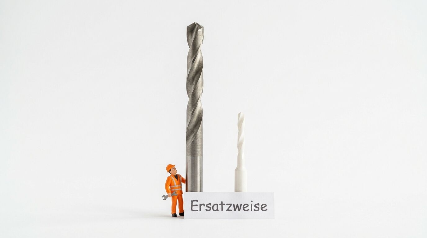 Miniatur-Bauarbeiter, ein großer und ein kleiner Bohrer neben einem Schild mit dem Text „Ersatzweise“