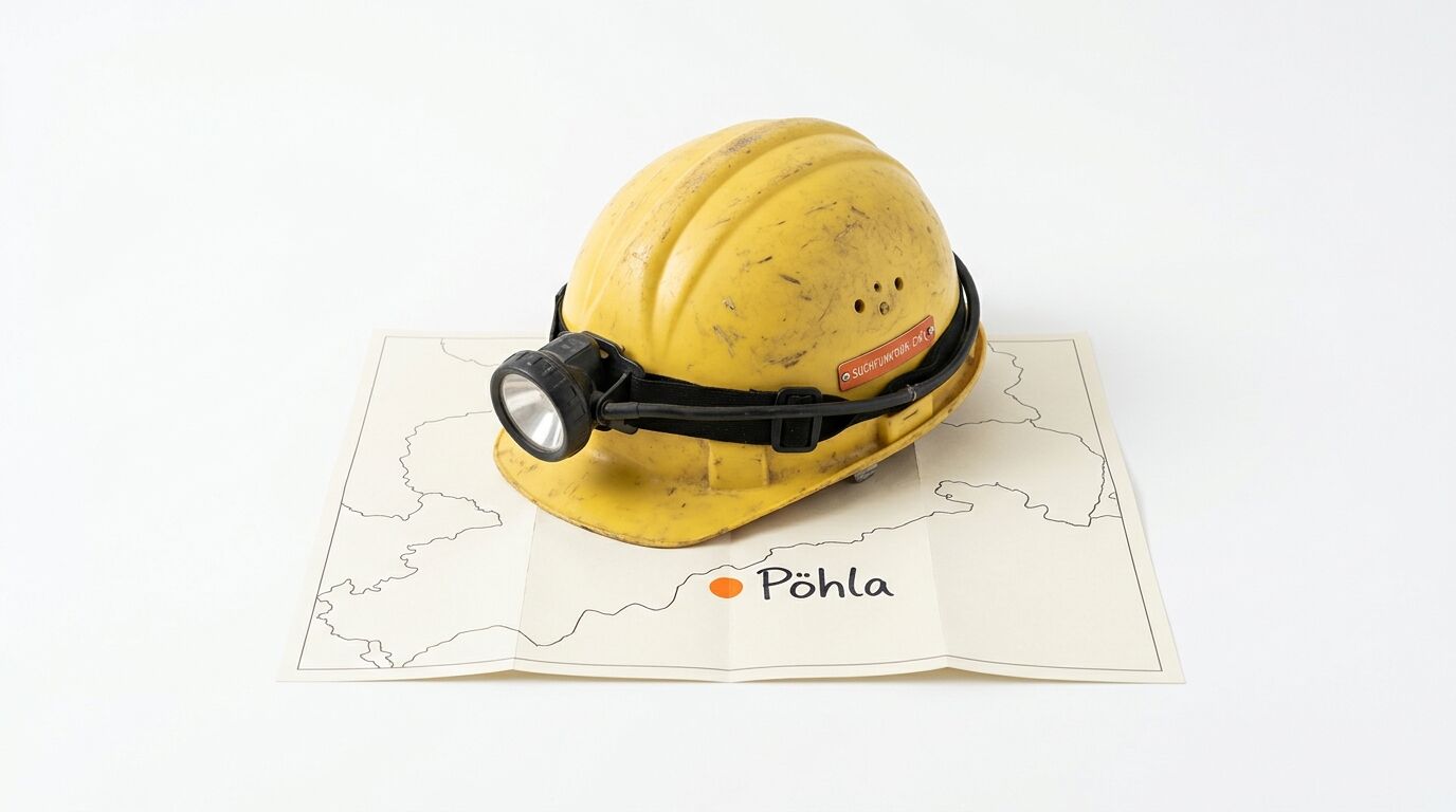 Gebrauchter gelber Bergbauhelm mit Stirnlampe steht auf gefalteter Karte mit Markierung „Pöhla“