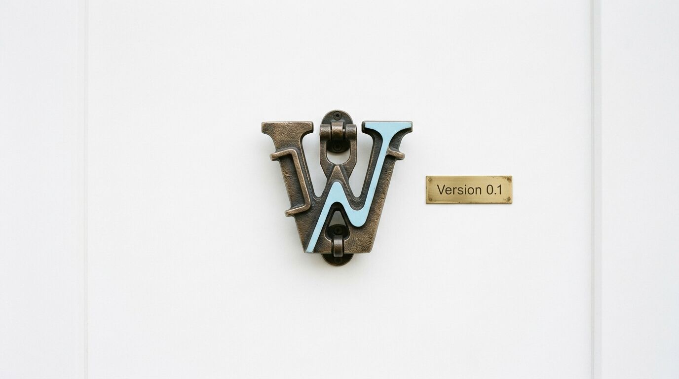 Ein metallischer W-Türklopfer und eine Messingtafel mit „Version 0.1“ auf einer weißen Tür