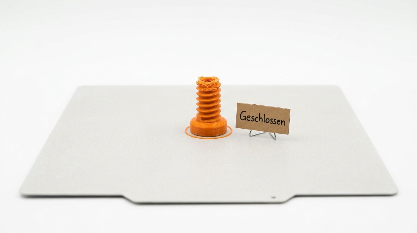 Fehlerhafter oranger 3D-Druck und Pappschild mit Aufschrift „Geschlossen“ auf Druckplatte