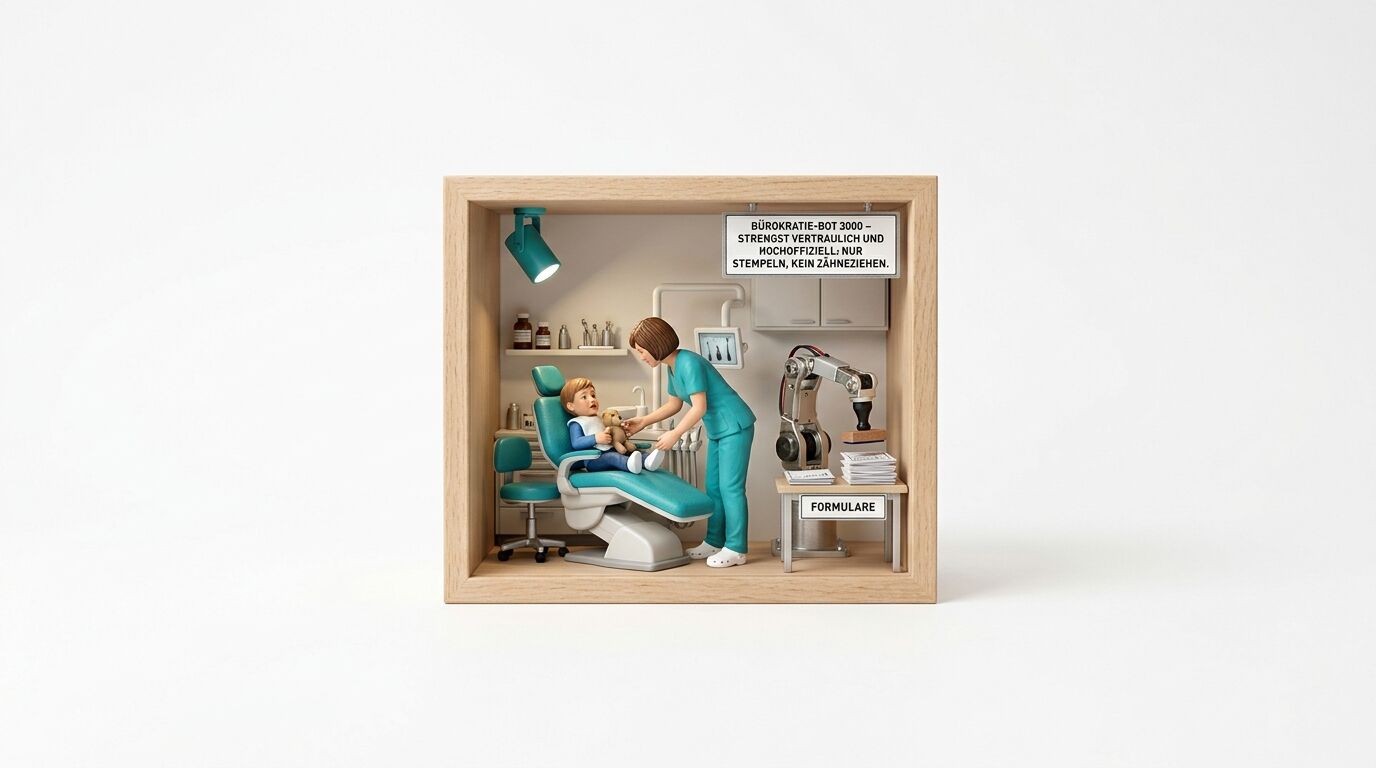 Diorama: Zahnärztin behandelt Kind, während ein Roboterarm daneben Formulare stempelt