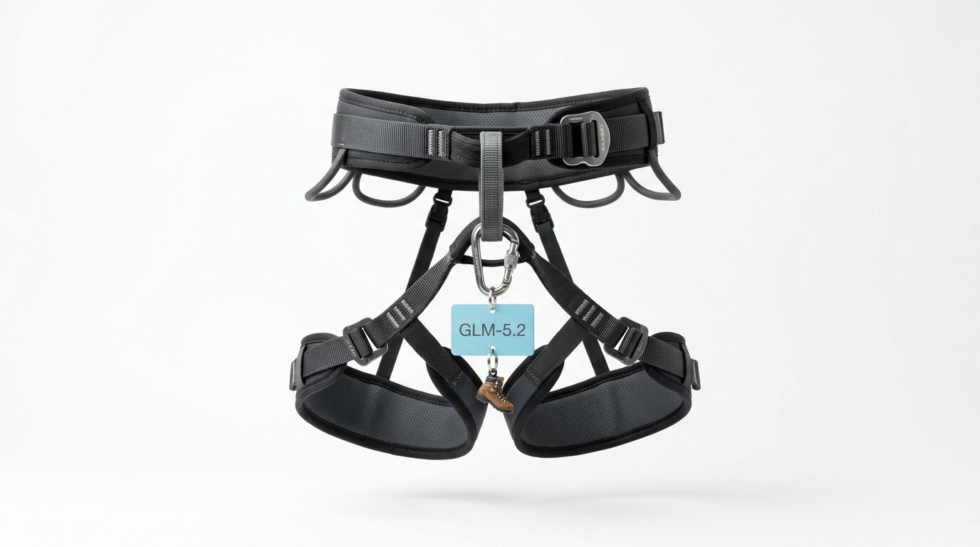 Ein Klettergurt mit Karabiner, blauem Anhänger und Bergschuh-Miniatur auf weißem Grund