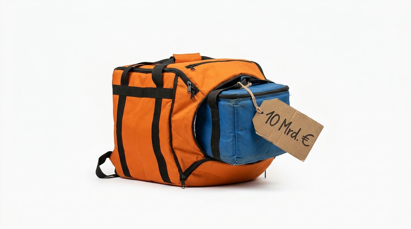 Orangener Lieferrucksack enthält blaue Tasche mit Pappschild, beschriftet mit „10 Mrd. €“