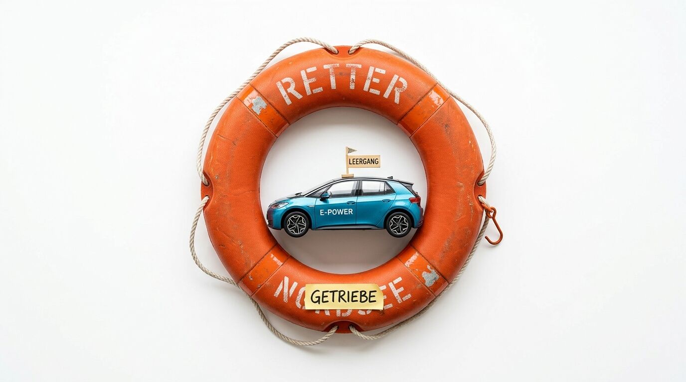 Rettungsring mit Elektro-Modellauto, Aufschrift „RETTER“ und Zetteln „GETRIEBE“, „LEERGANG“