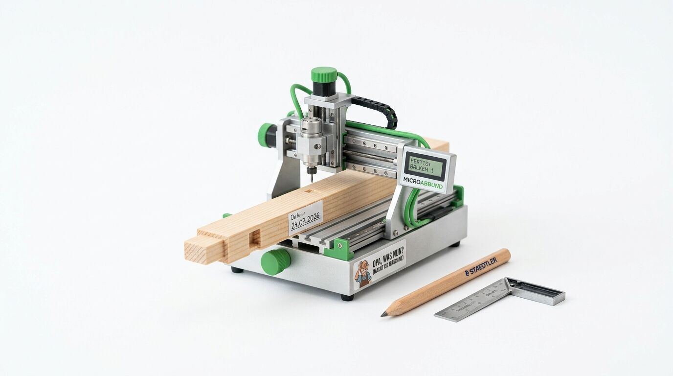 Modell-CNC-Maschine mit Holzbalken, Bleistift und Anschlagwinkel auf weißem Grund